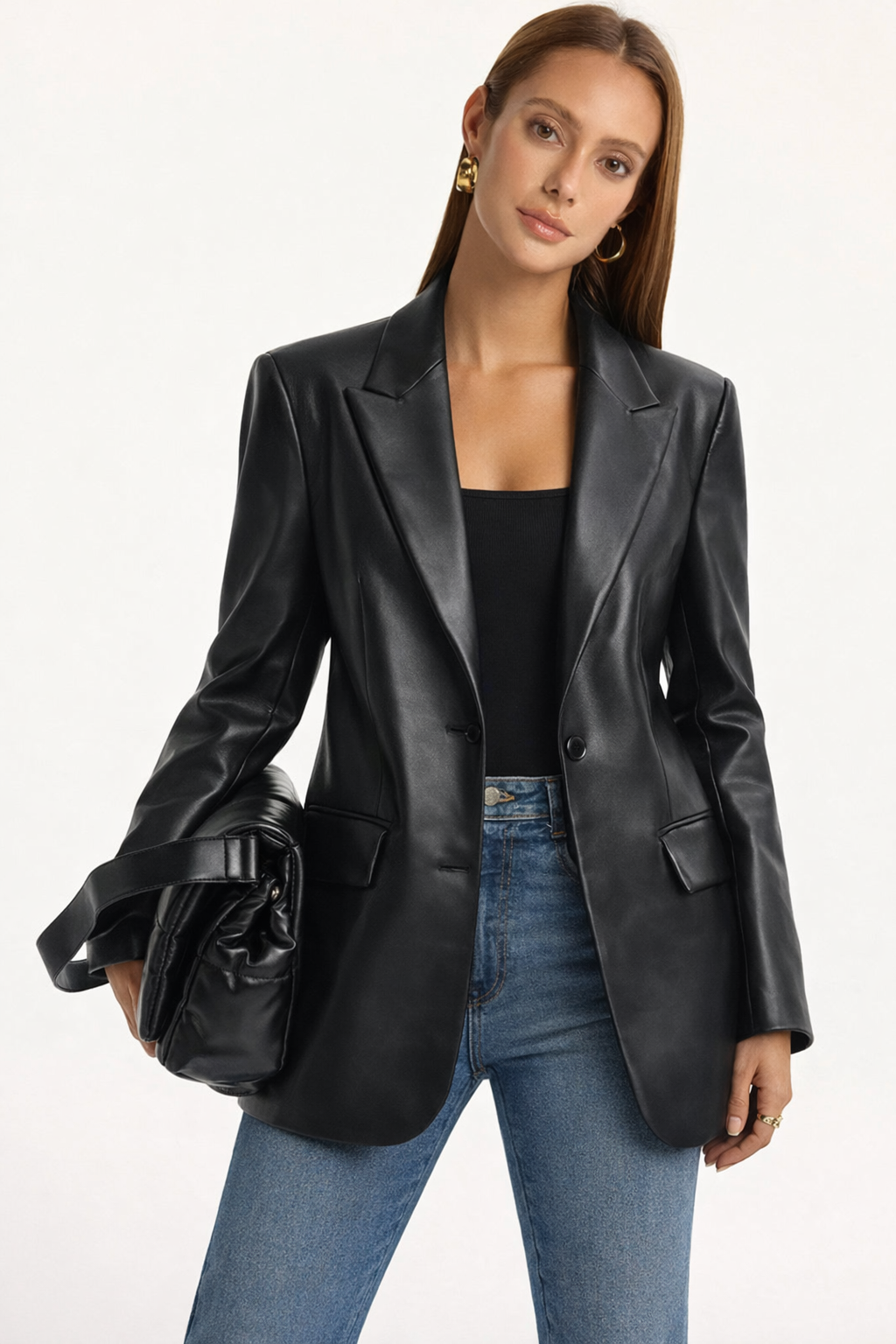 Blazer femme similicuir simple boutonnage, effet cuir chic