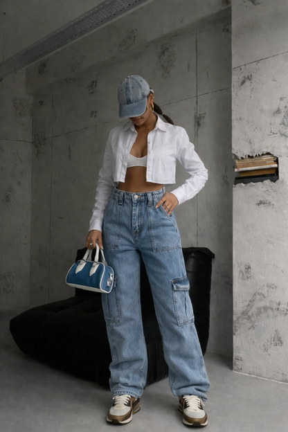Jean cargo coupe droite denim