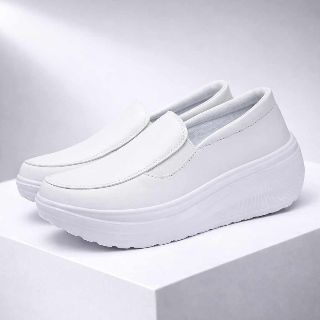 baskets confort femme blanc en aspect cuir, vue de côté