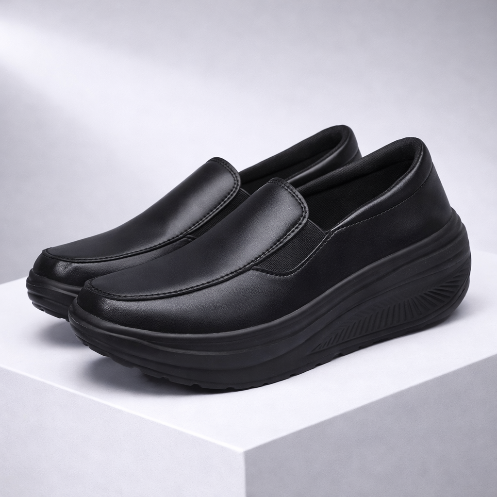 baskets confort femme noir en aspect cuir, vue de côté
