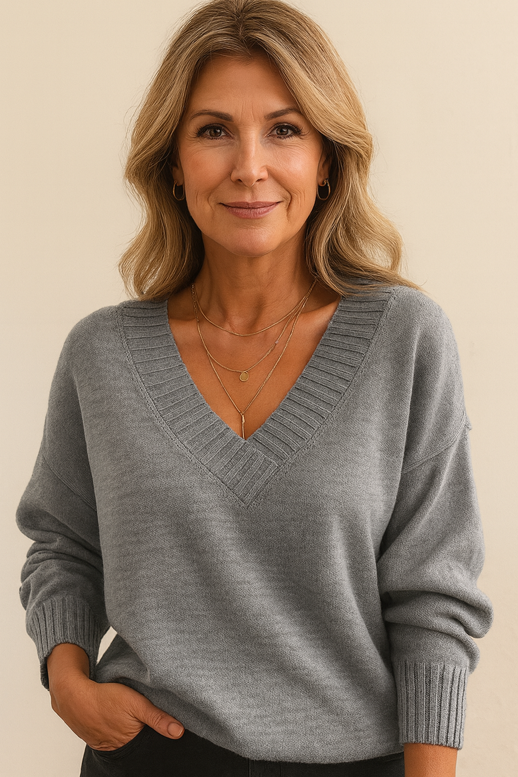 Pull femme col V Gris