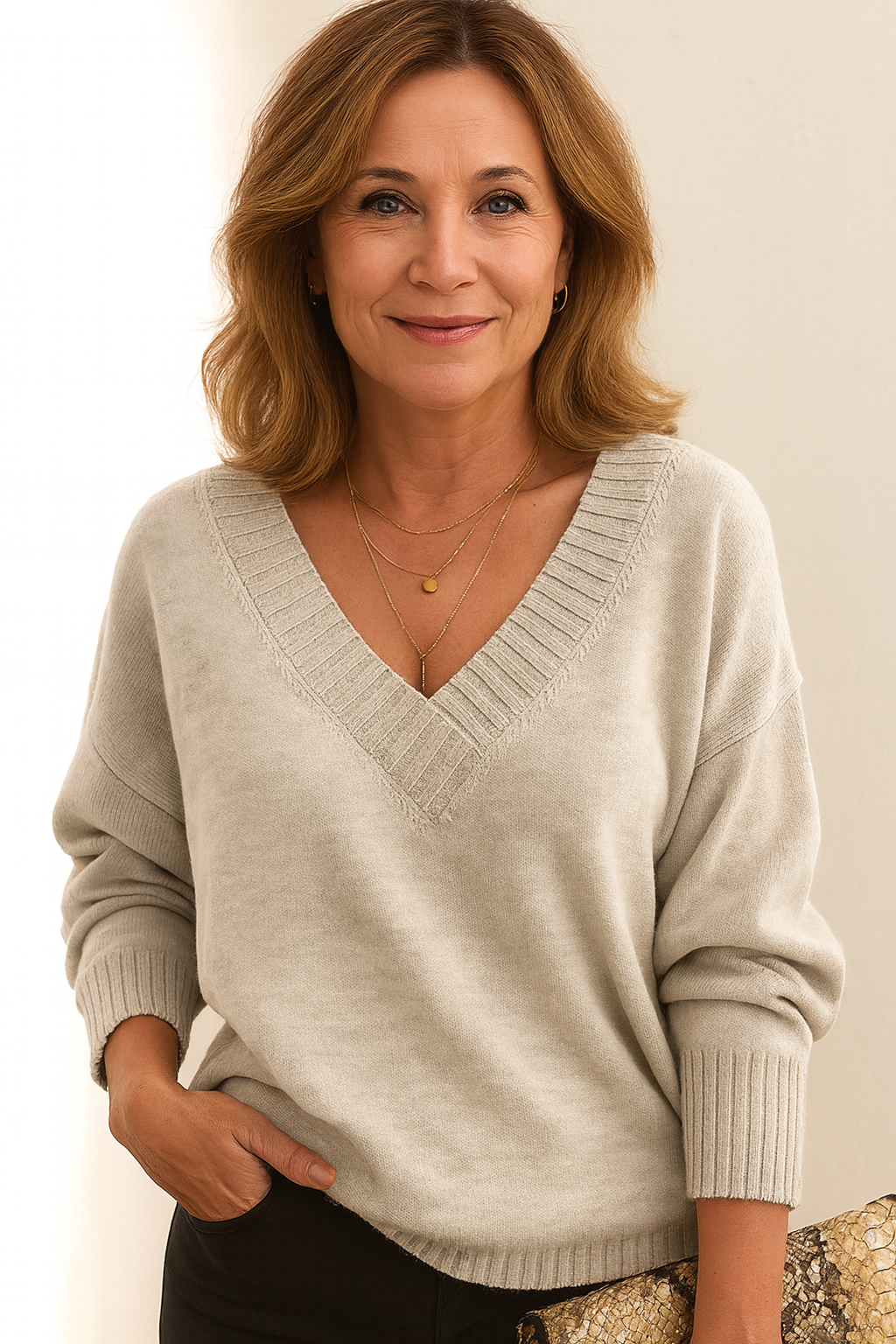 Pull femme col V Beige