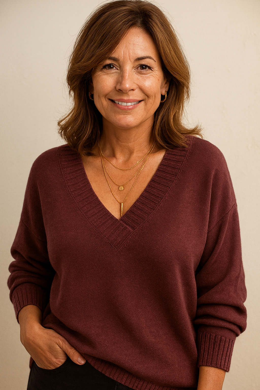 Pull femme col V Marron