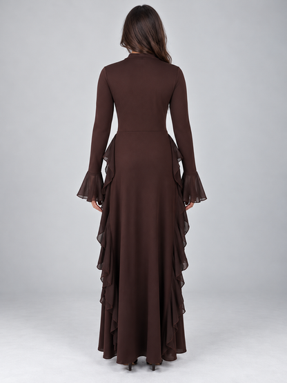robe maxi marron à volants femme, vue de dos