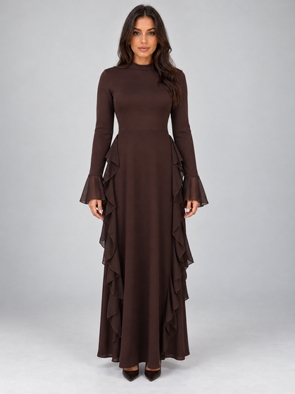robe maxi marron à volants femme, vue de face