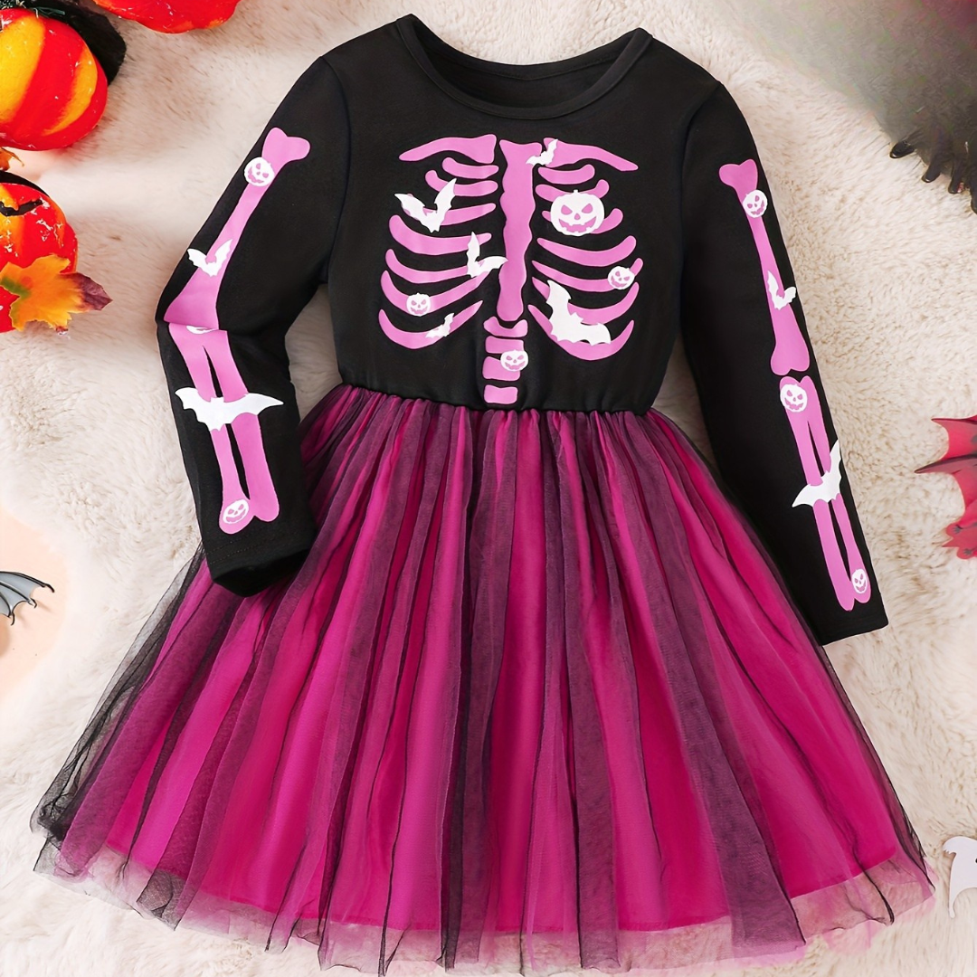 Robe squelette Halloween avec jupe tulle rose, vue de face