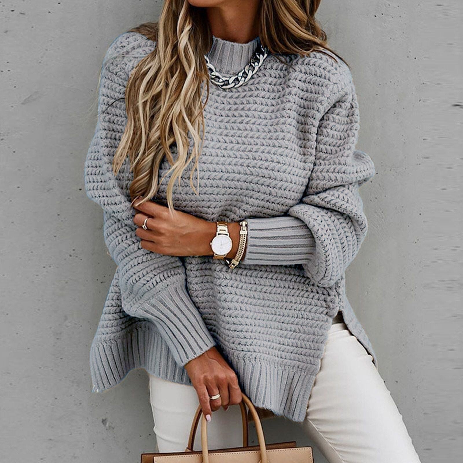 Pull col montant en maille pour femme, coloris gris