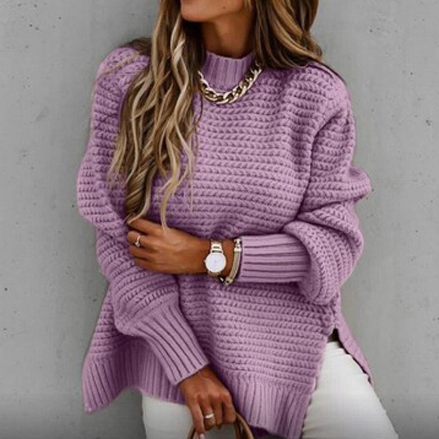 Pull col montant en maille pour femme, coloris lilas