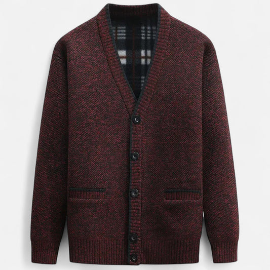 Cardigan homme maille chinée rouge à boutons, vue de face