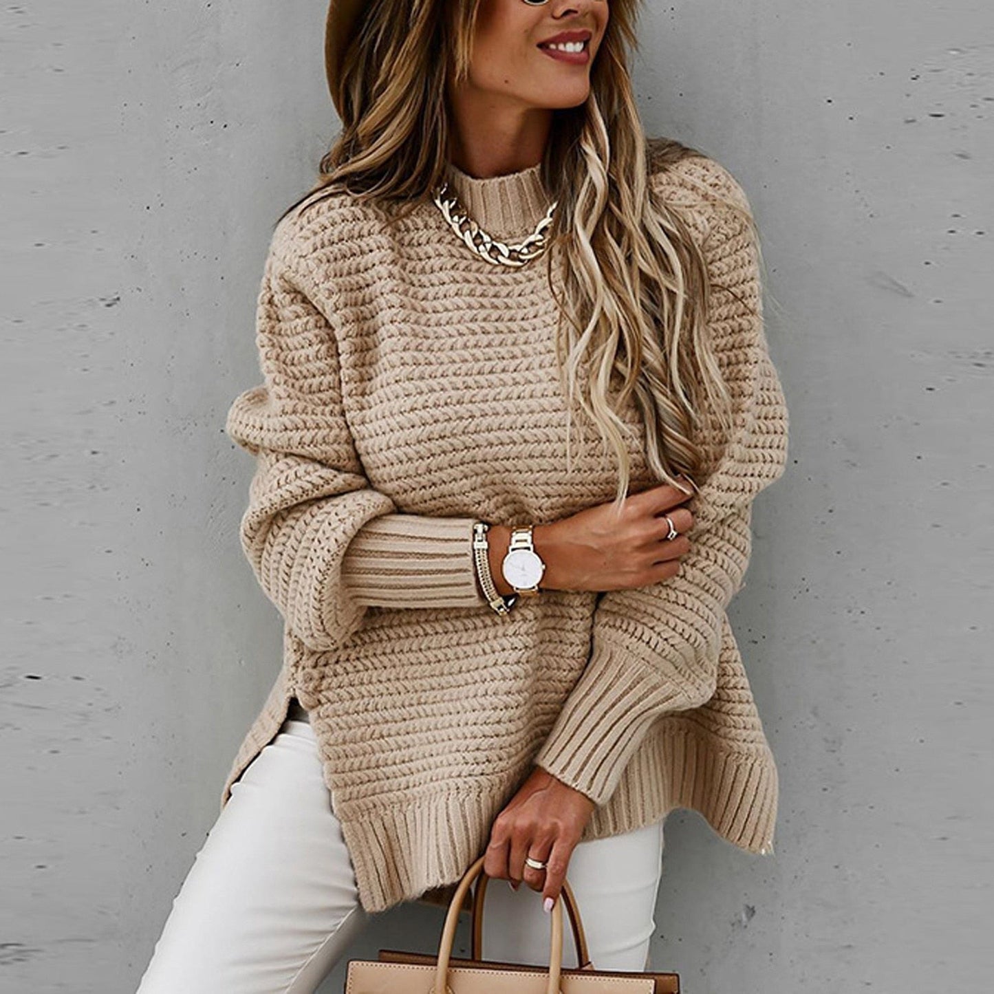 Pull col montant en maille pour femme, coloris beige