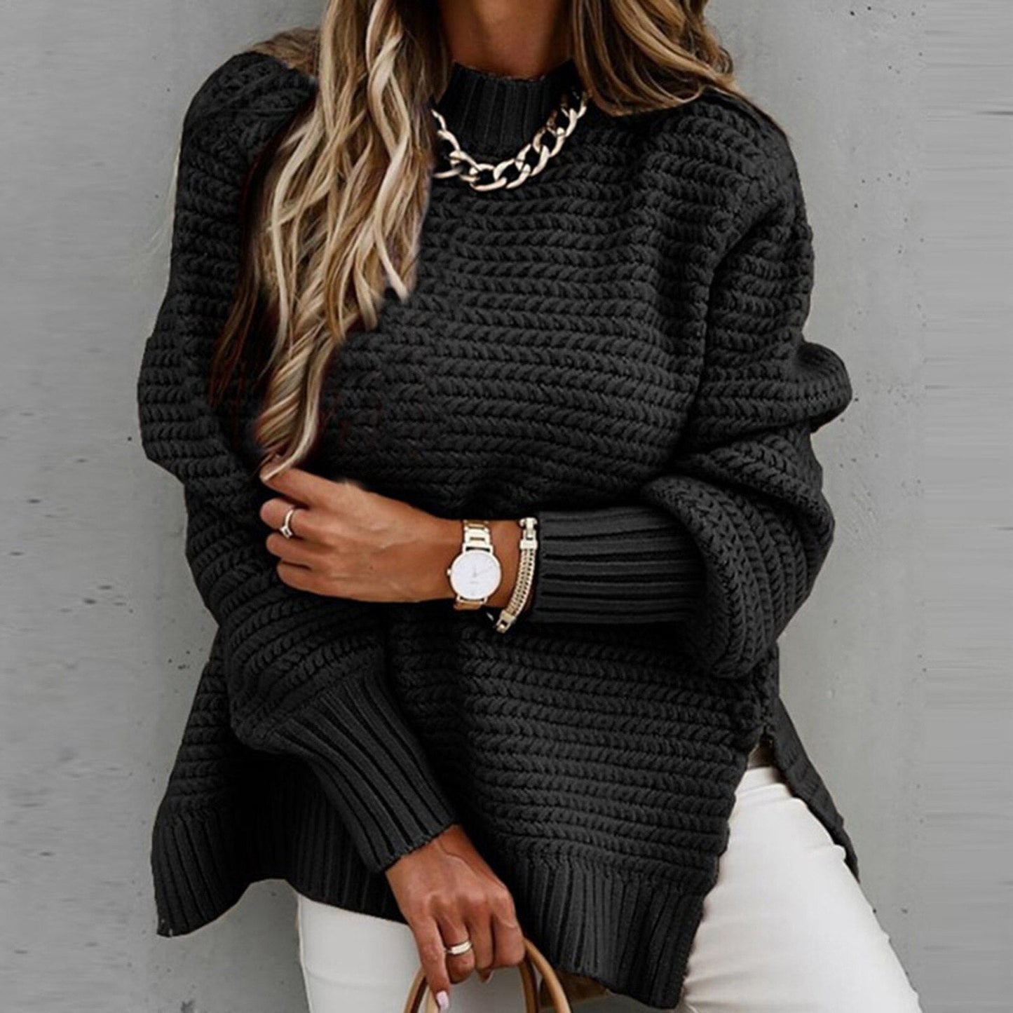 Pull col montant en maille pour femme, coloris noir