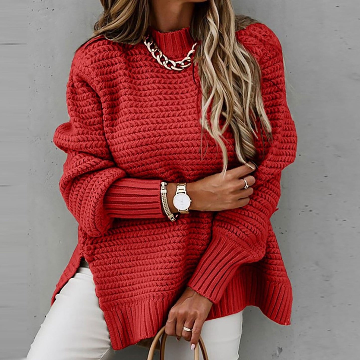 Pull col montant en maille pour femme, coloris rouge