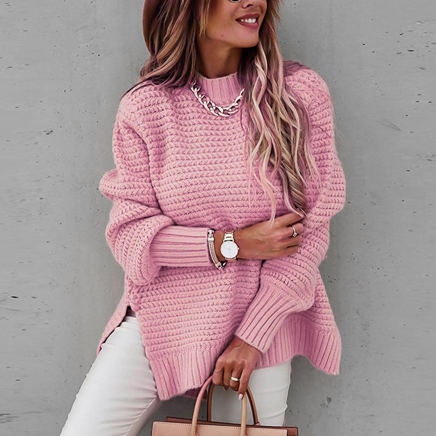 Pull col montant en maille pour femme, coloris rose