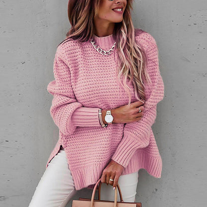 Pull col montant en maille pour femme, coloris rose