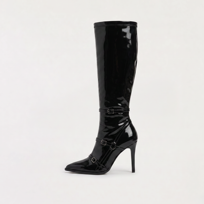 Bottes cuissardes vernies noires à talon aiguille, vue de face