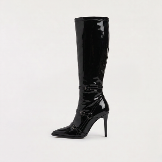 Bottes cuissardes vernies noires à talon aiguille, vue de face