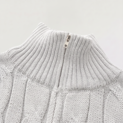 Pull tricoté demi-zip marine, détail tissu