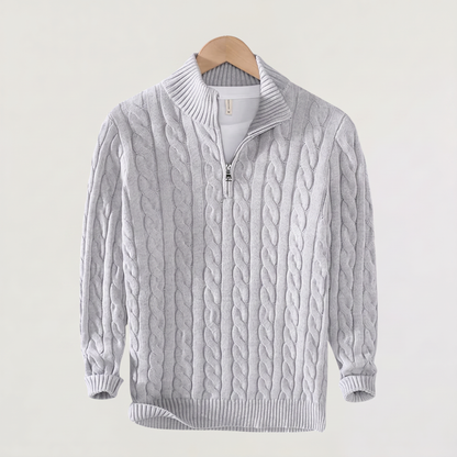 Pull tricoté demi-zip marine, détail poignets côtelés
