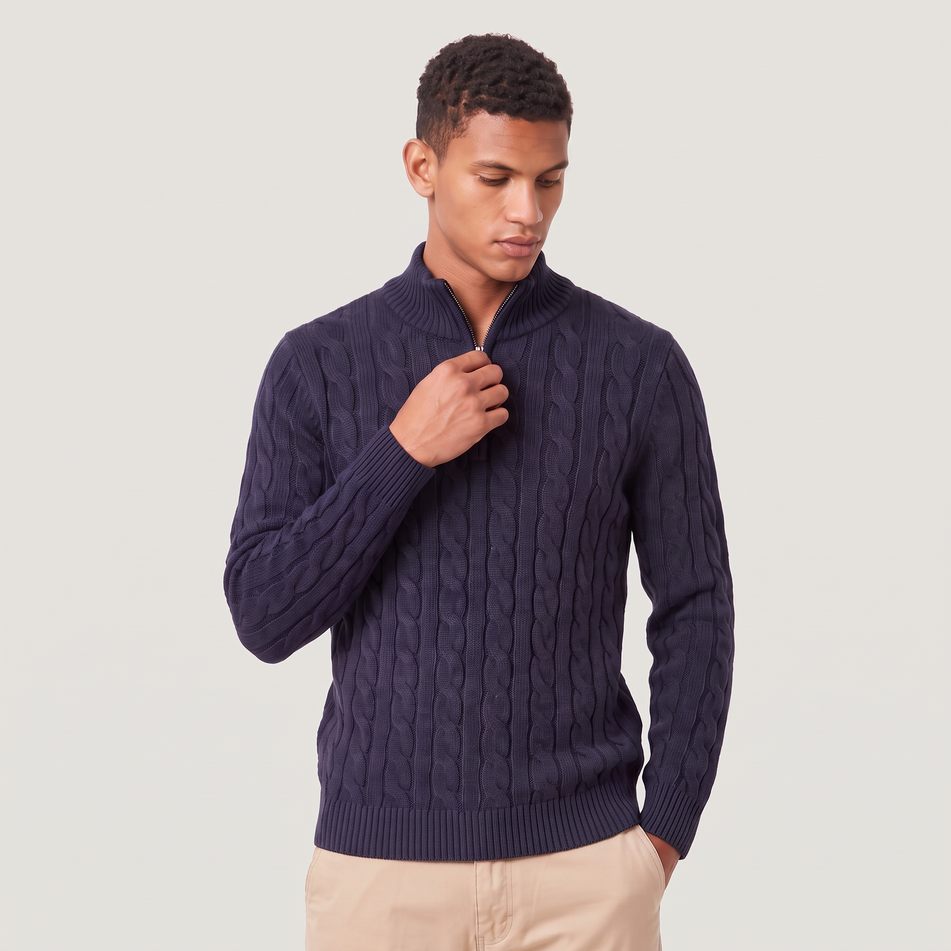 Pull tricoté demi-zip marine, vue de face