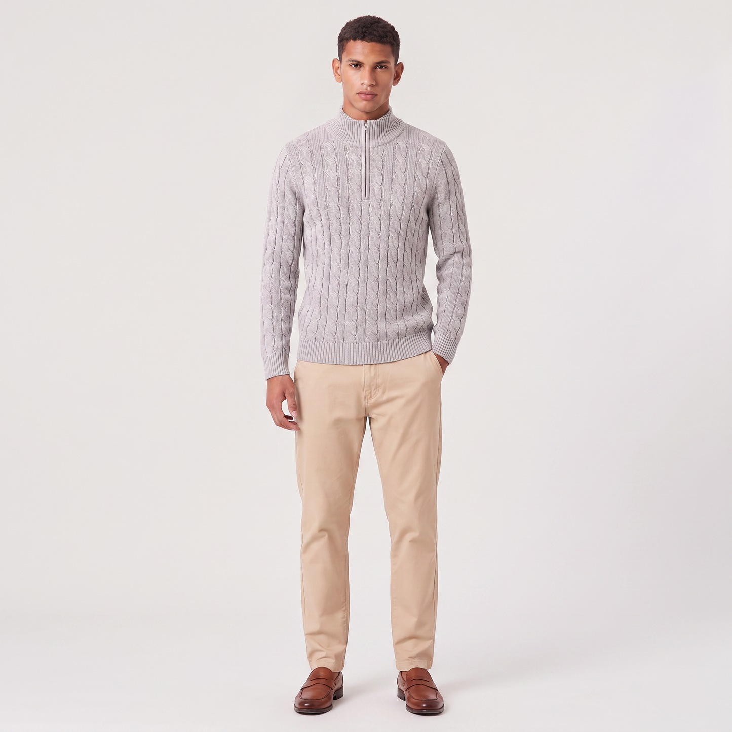 Pull tricoté demi-zip marine, détail manches