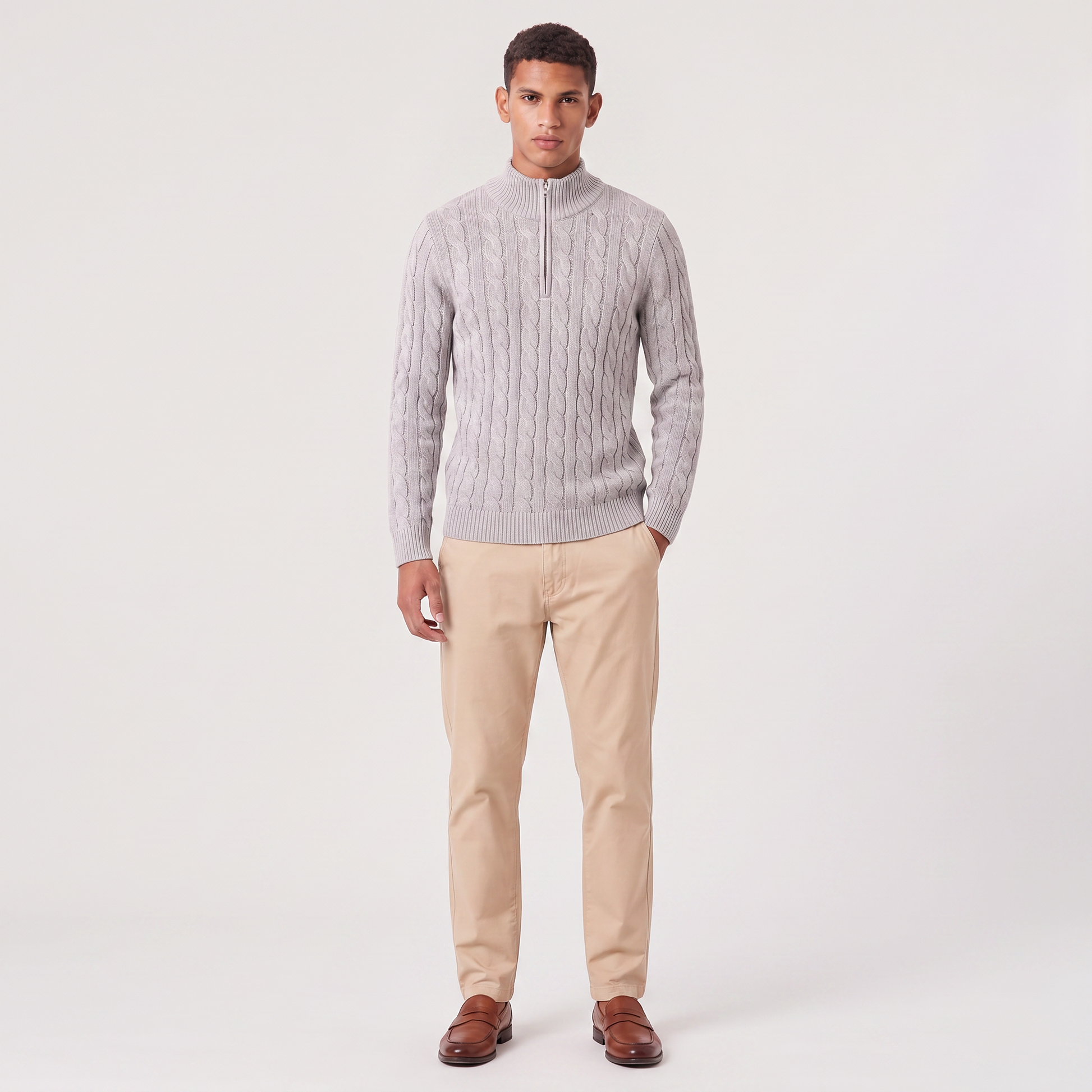 Pull tricoté demi-zip marine, détail manches