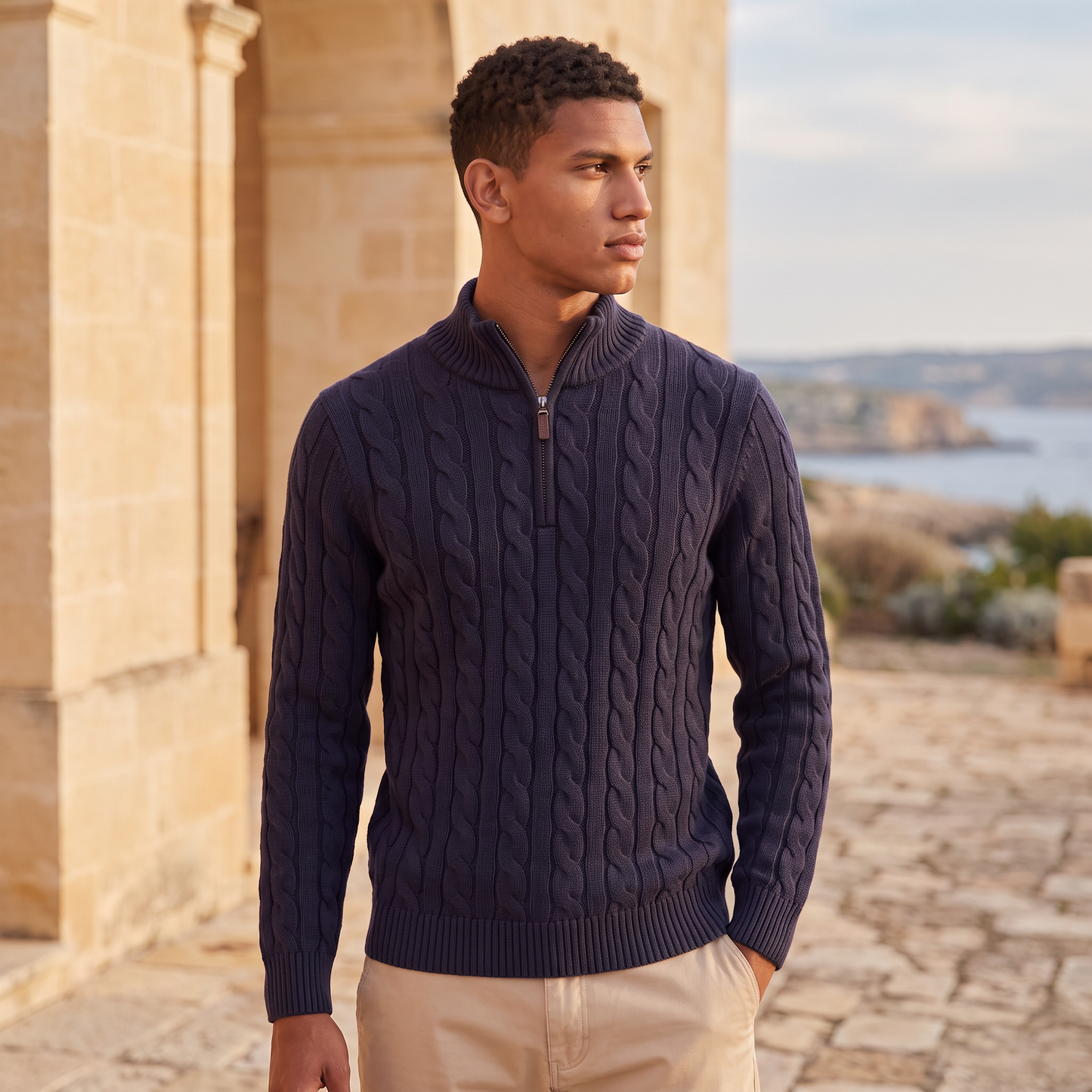 Pull tricoté demi-zip marine, détail col monté