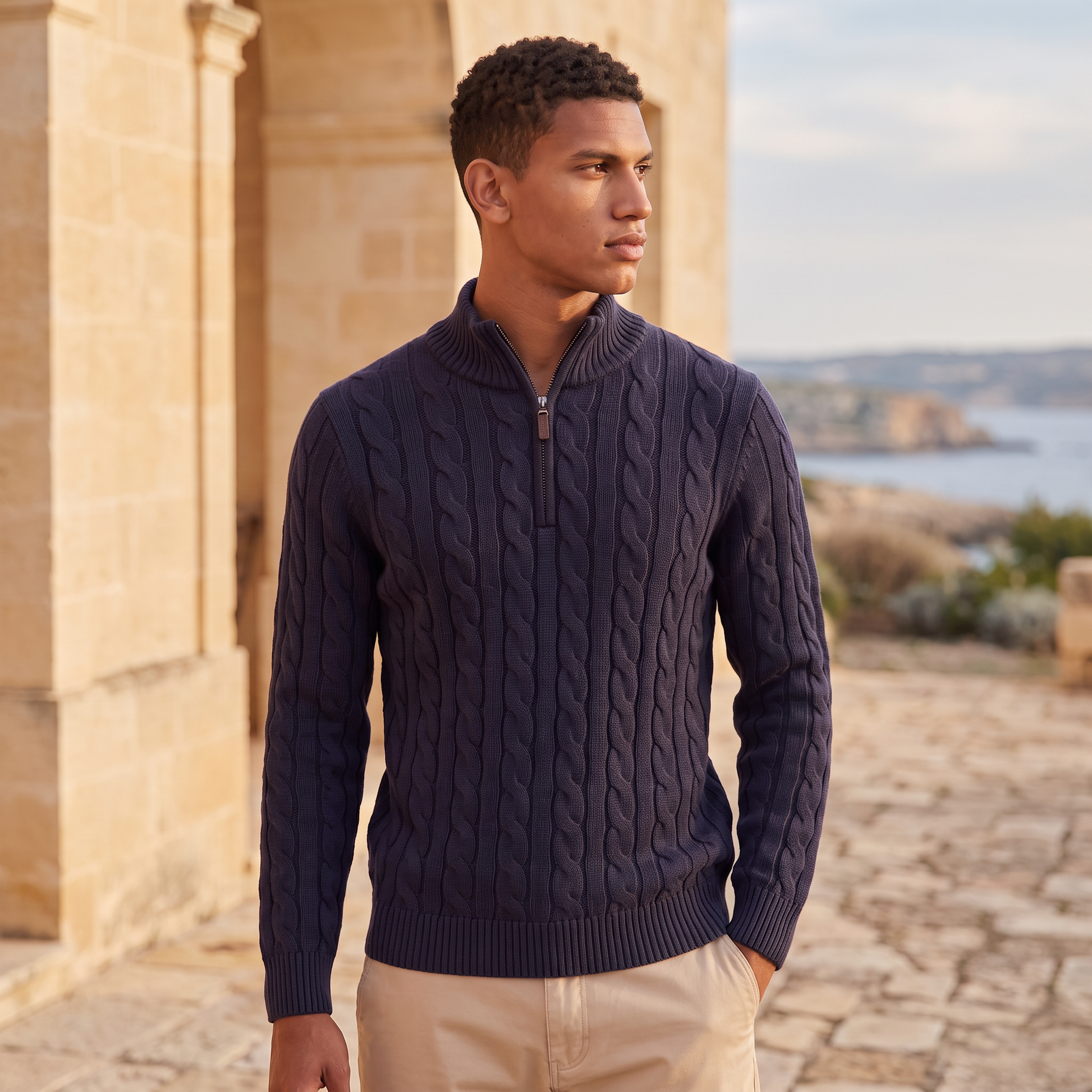 Pull tricoté demi-zip marine, détail col monté