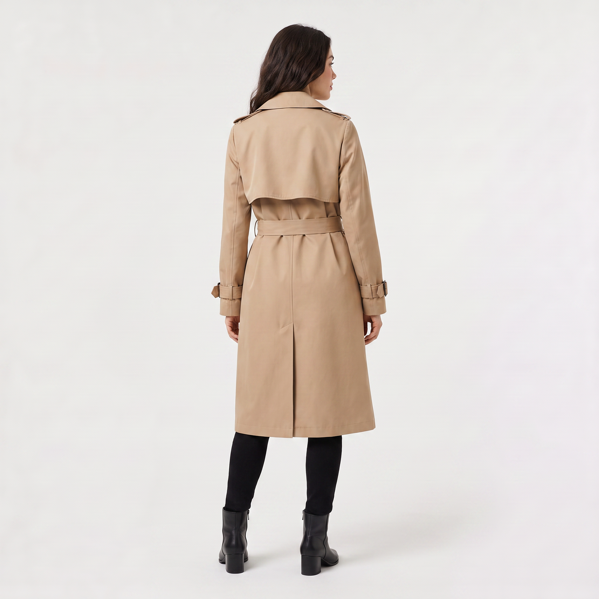Trench ceinturé mi-long kaki, détail poignets