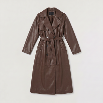 Trench mi-long marron, détail doublure satinée