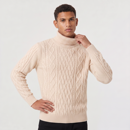 Pull torsadé en laine col roulé écru, vue de face