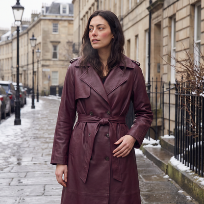 Trench mi-long marron, détail ceinture
