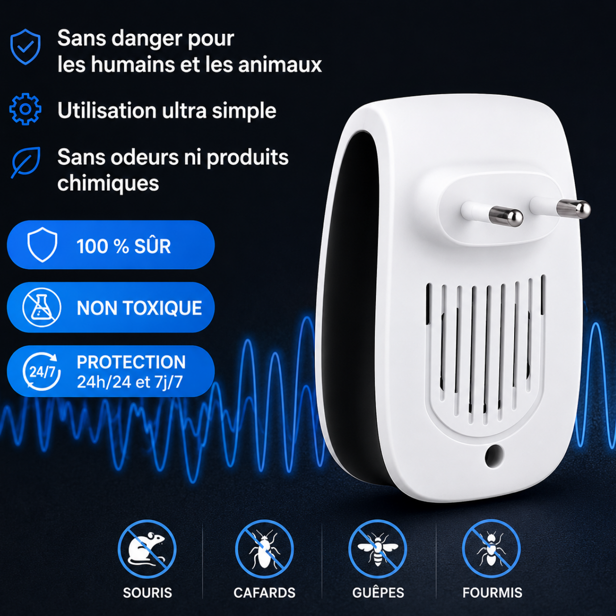 Répulsif Ultrasonique Anti-Nuisibles – Prise Électrique, Sans Produits Chimiques