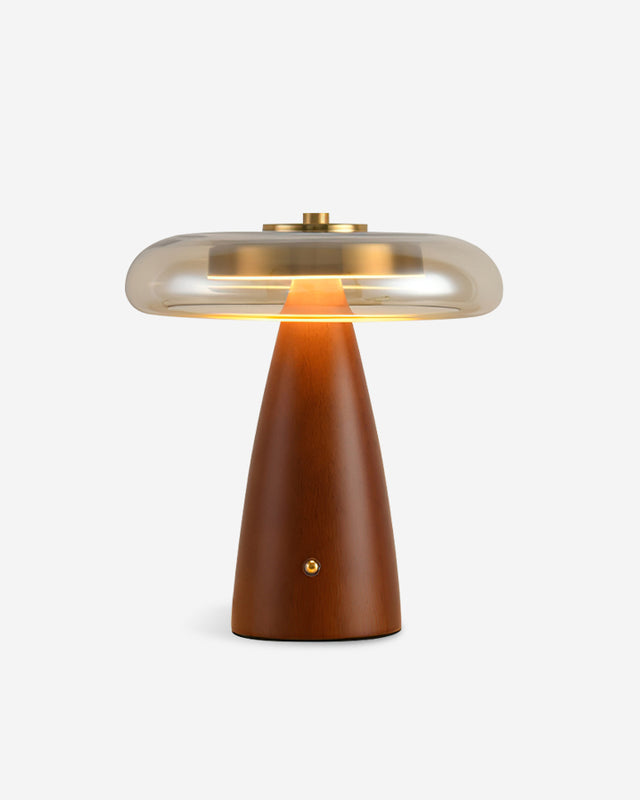 Lampe de table bois noyer et verre cognac, petite taille