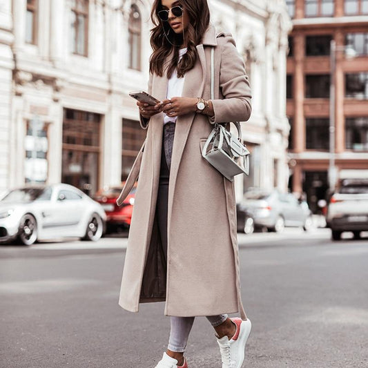 manteau long femme abricot avec ceinture, vue de face
