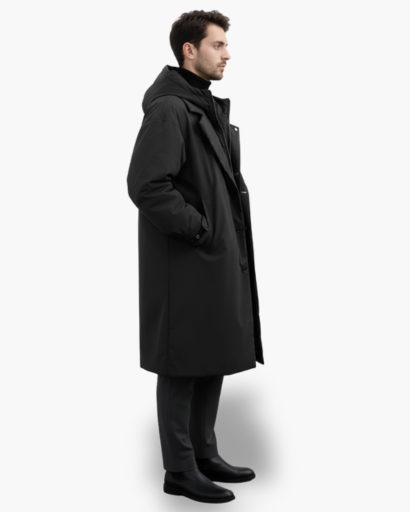 Manteau long pour homme avec capuche amovible – Élégance urbaine et protection hivernale