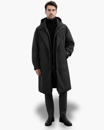 Manteau long pour homme avec capuche amovible – Élégance urbaine et protection hivernale