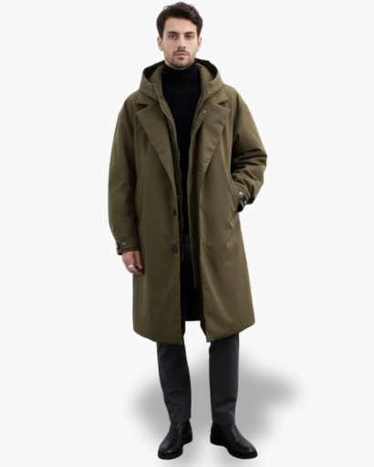 Manteau long pour homme avec capuche amovible – Élégance urbaine et protection hivernale