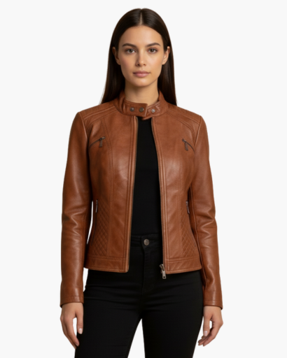 Veste en cuir véritable pour femme – Coupe cintrée, style motard élégant