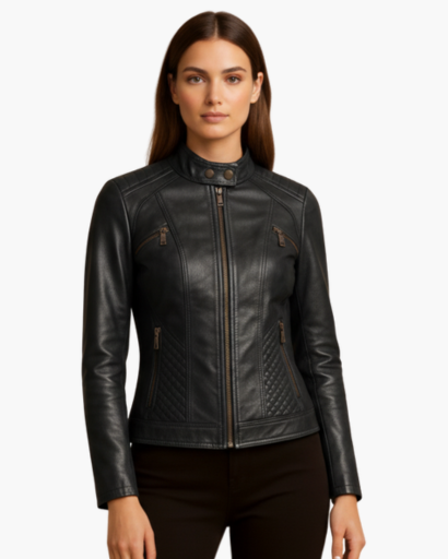 Veste Cuir Véritable Femme Cintrée – Style Motard Élégant | Confort & Chic Automne Hiver