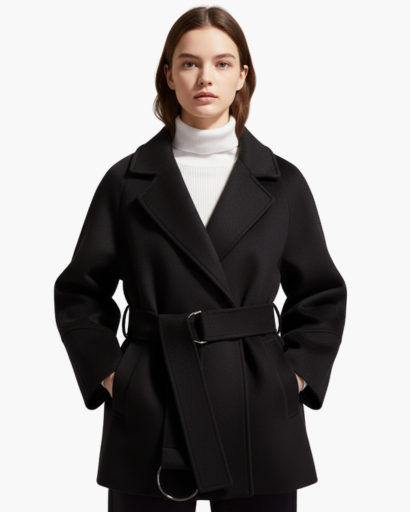 Manteau ceinturé femme – veste courte à col tailleur & coupe structurée