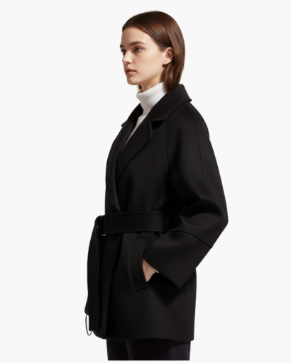 Manteau ceinturé femme – veste courte à col tailleur & coupe structurée