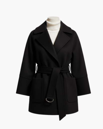 Manteau ceinturé femme – veste courte à col tailleur & coupe structurée