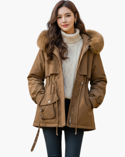 Parka D’Hiver Femme Élégante – Capuche à Fausse Fourrure et Taille Ajustable
