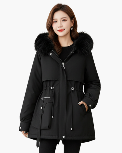 Parka D’Hiver Femme Élégante – Capuche à Fausse Fourrure et Taille Ajustable