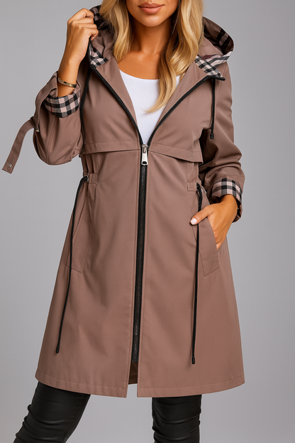 Manteau femme zippé à capuche, coloris marron, vue de profil