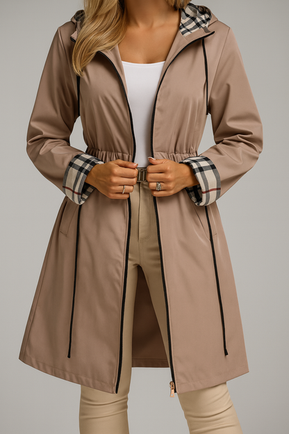 Manteau femme zippé à capuche, coloris beige, vue de face