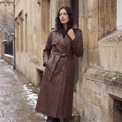 Trench mi-long marron, porté en situation