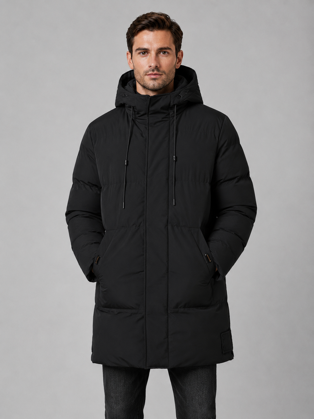 parka homme grise portée en extérieur