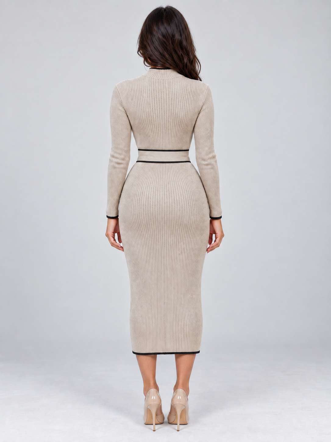 robe midi côtelée beige femme, look complet