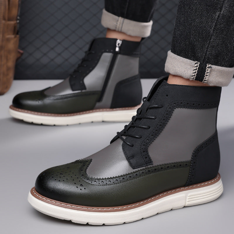 Bottines hybrides brogue gris et olive, détail col rembourré